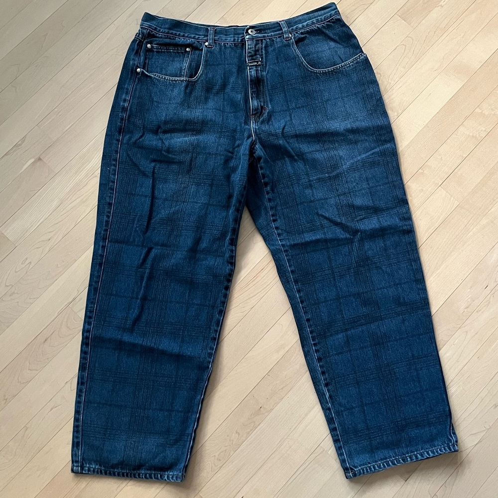 VTG Girbaud Baggy Tapered Jeans Plaid AOP Check Dark Blue 36x29 90s Y2K Hip-Hop
